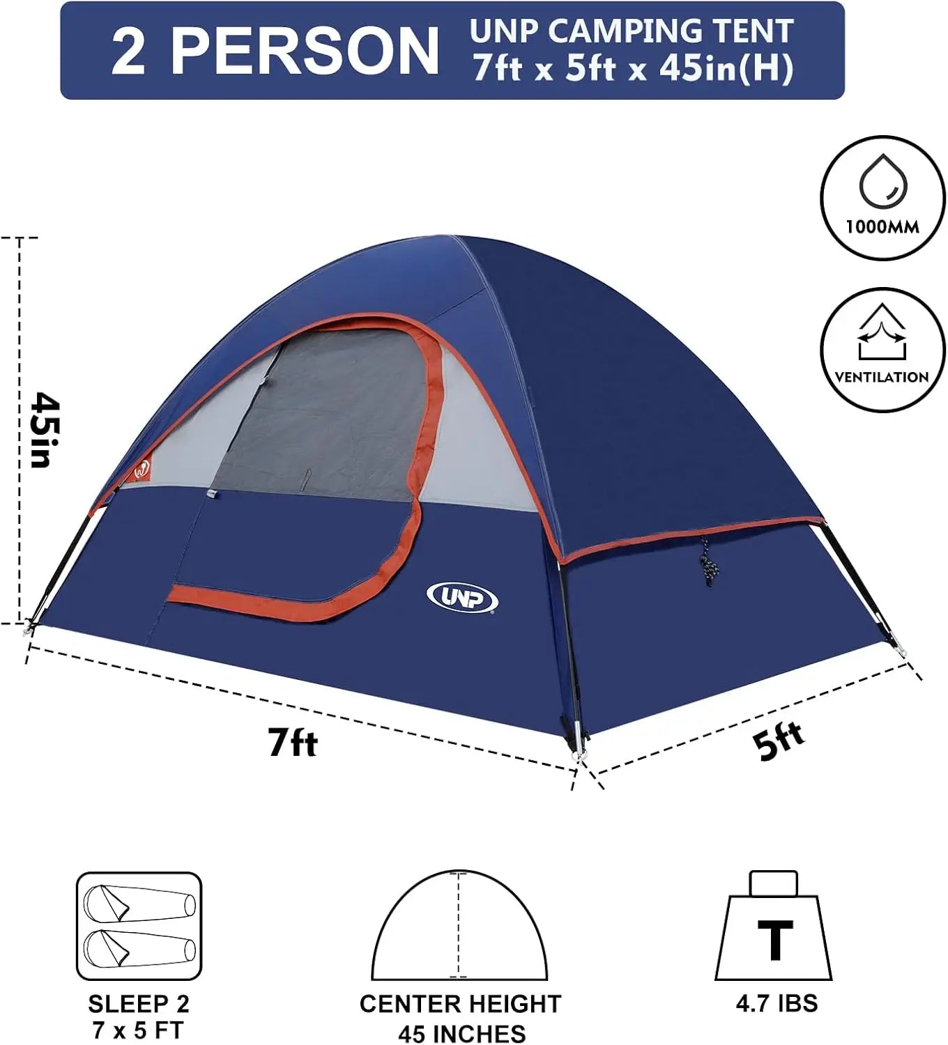 2 Person, Waterproof Windproof Tent with Rainfly and easy set up