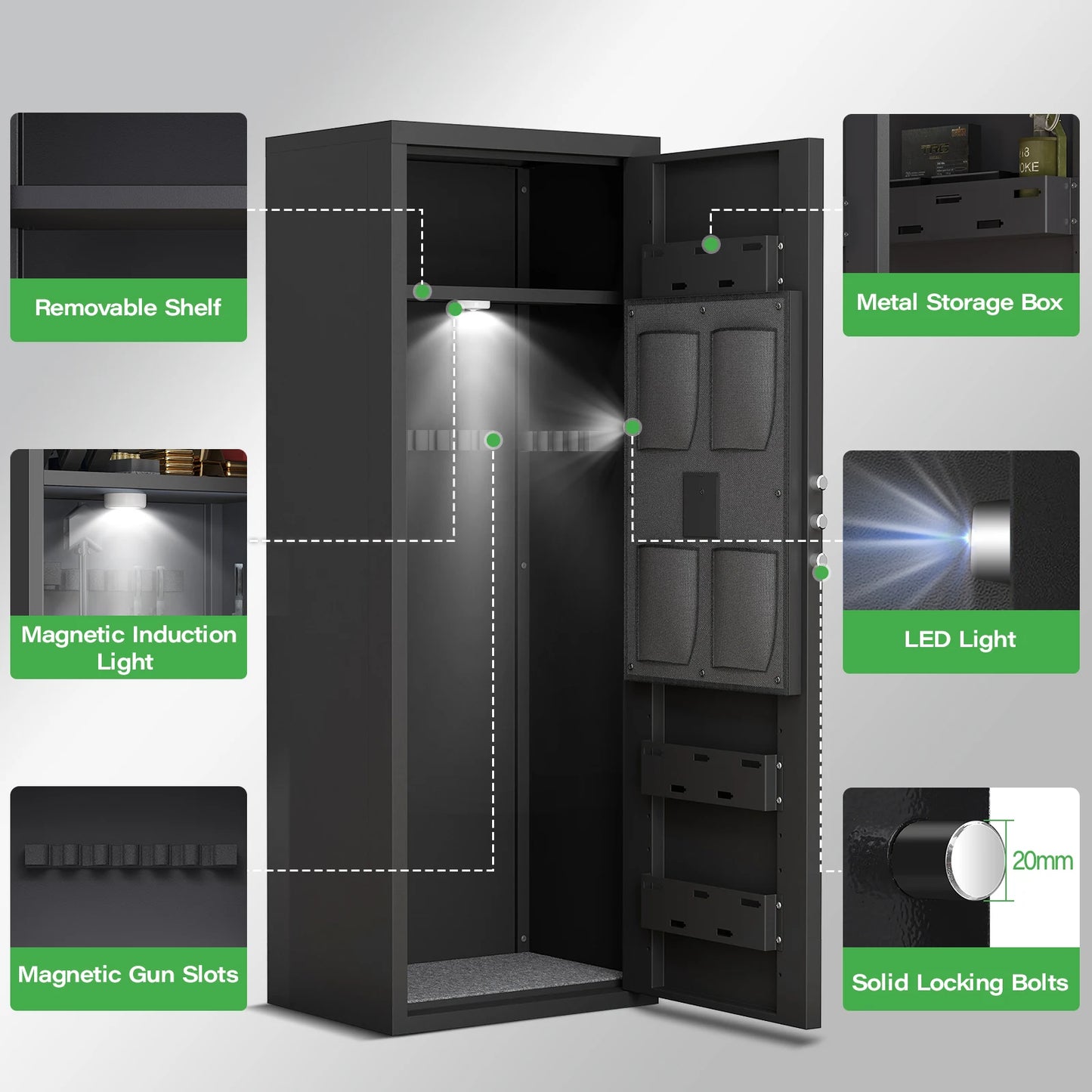 kavey Gun Safe with Removable Shelf and 3 Magnetic Gun Slots