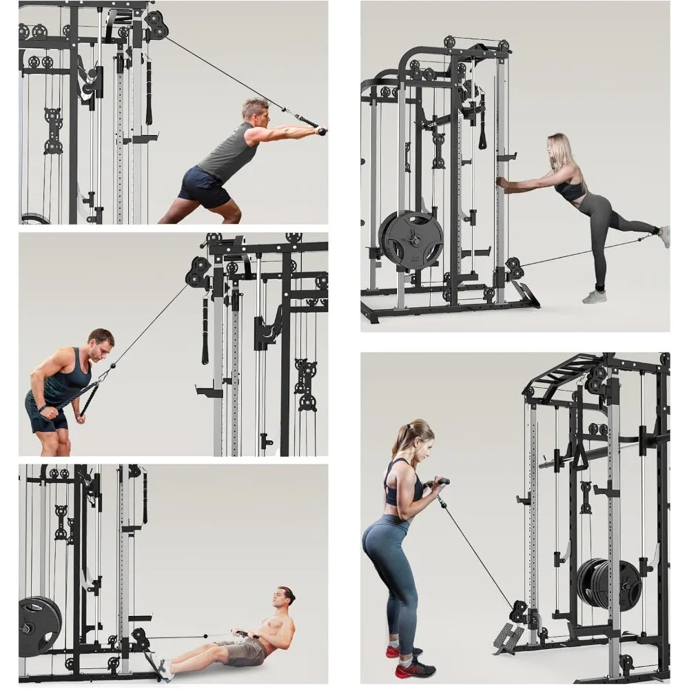 Power Cage Rack with Smith Bar and Cable Pulley System, and Lat pull down