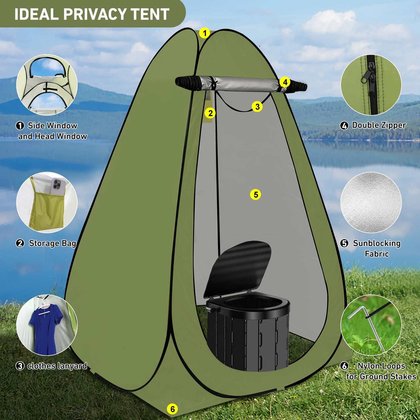 Camping Toilet with 1.5m Pop up Privacy Tent Large
