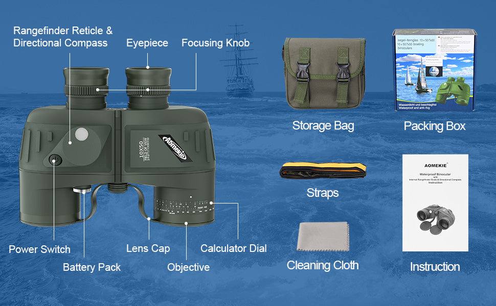 Marine Binoculars 10x50 Waterproof Binoculars with Rangefinder Compass