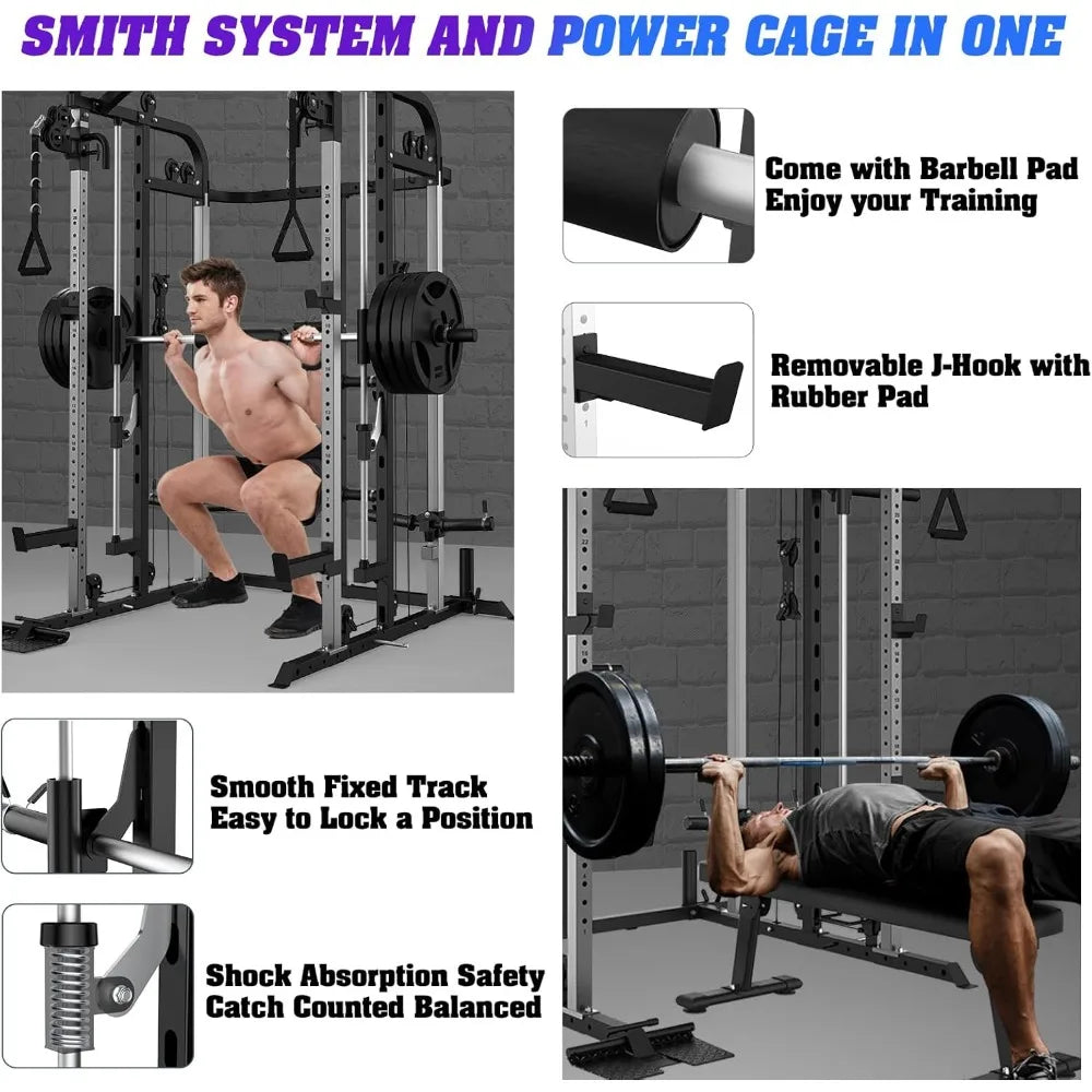Power Cage Rack with Smith Bar and Cable Pulley System, and Lat pull down