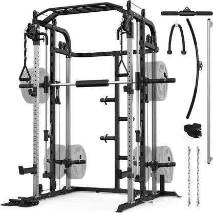 Power Cage Rack with Smith Bar and Cable Pulley System, and Lat pull down