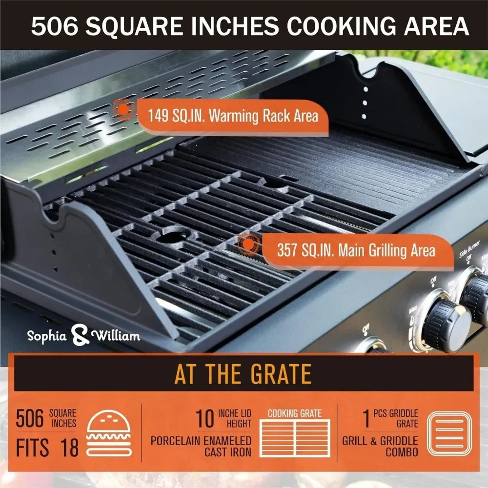 Gas BBQ Grill with Side Burner & Porcelain-Enameled Cast Iron Grates