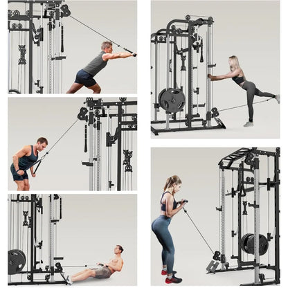 Power Cage Rack with Smith Bar and Cable Pulley System, and Lat pull down
