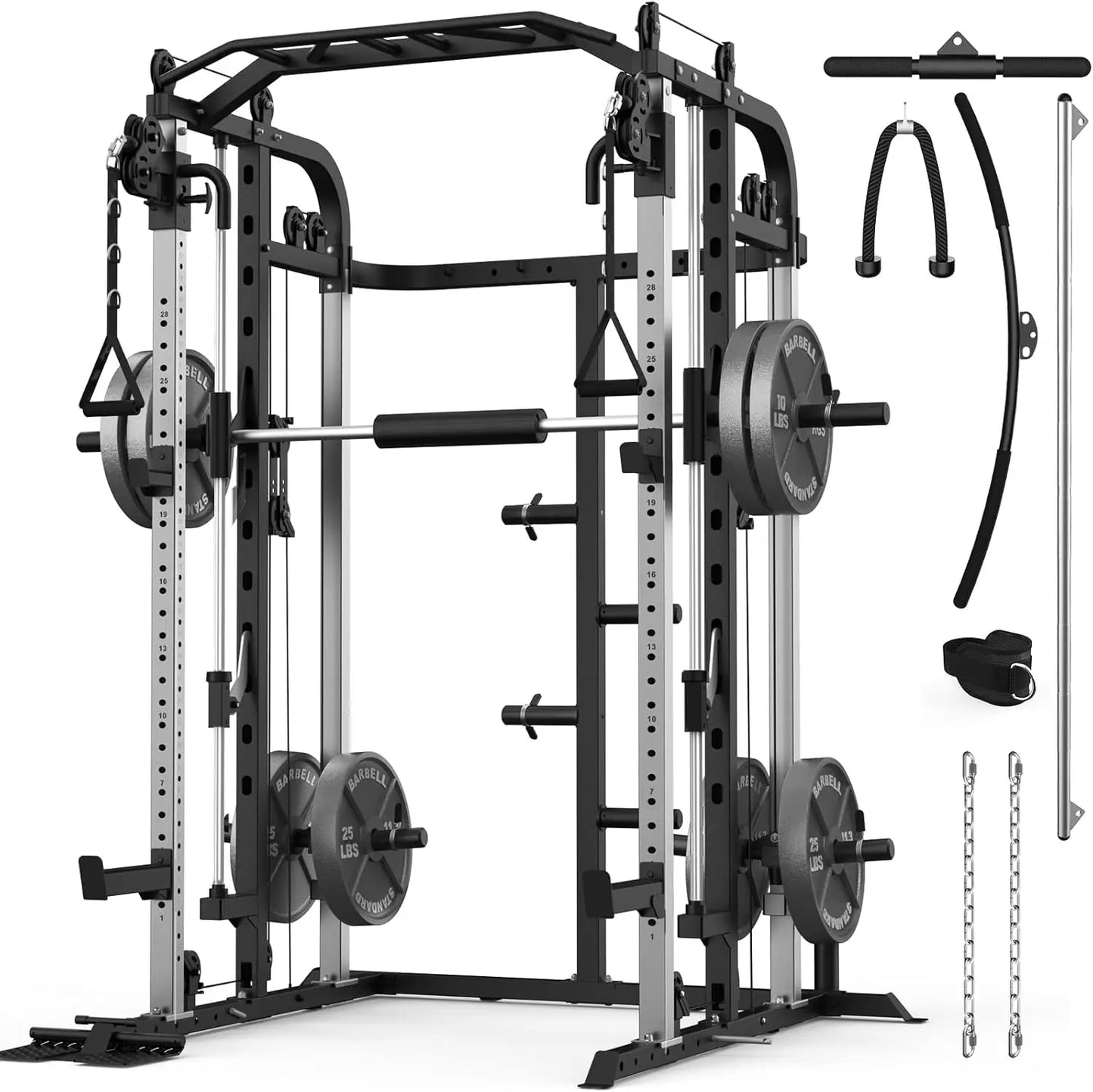 Power Cage Rack with Smith Bar and Cable Pulley System, and Lat pull down