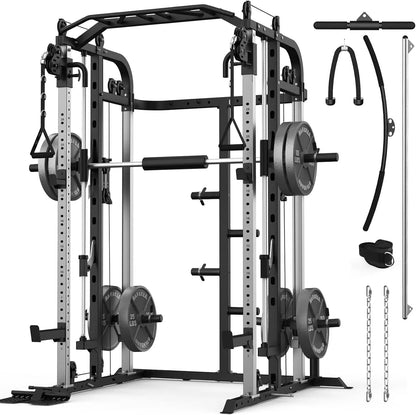 Power Cage Rack with Smith Bar and Cable Pulley System, and Lat pull down