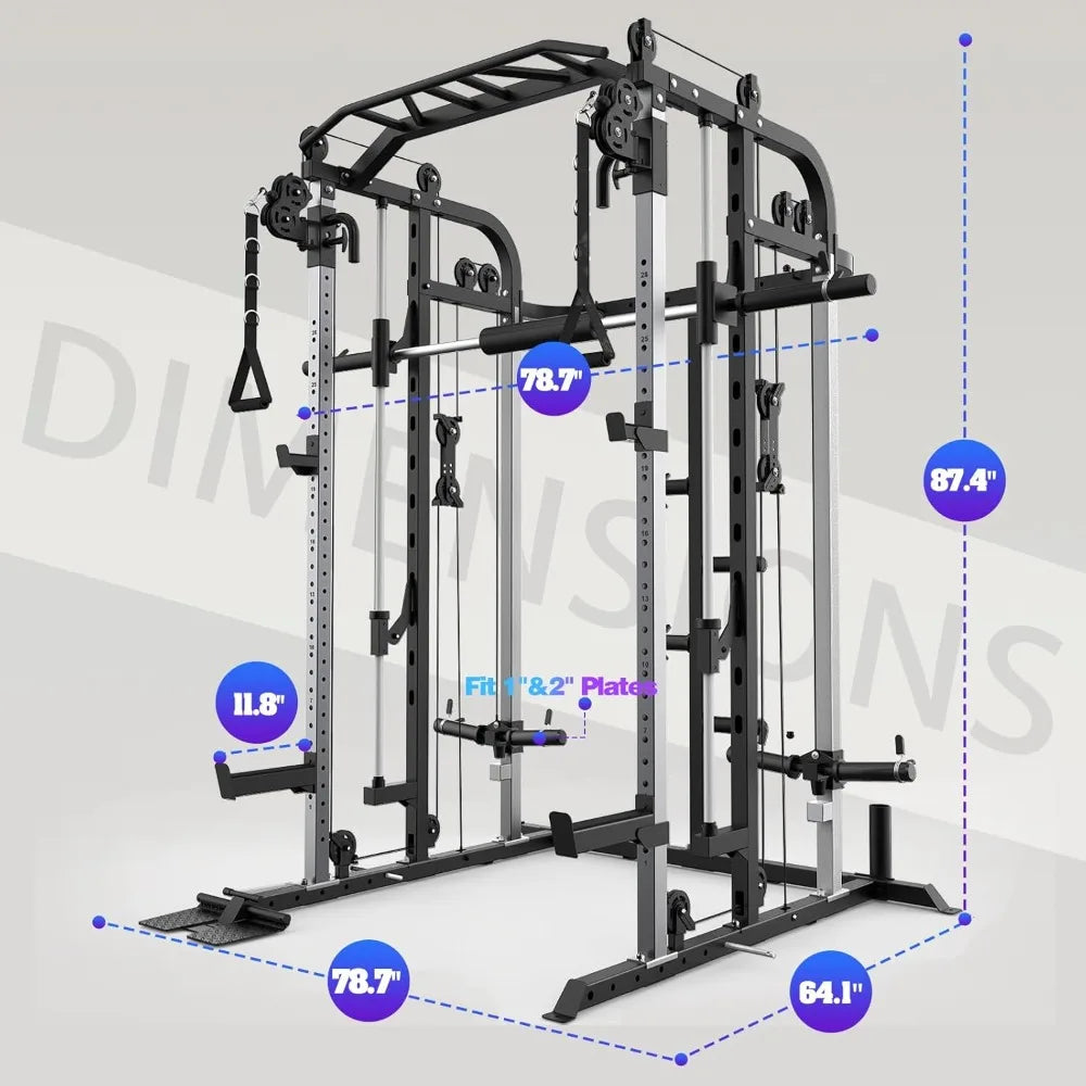 Power Cage Rack with Smith Bar and Cable Pulley System, and Lat pull down