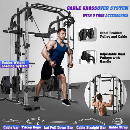 Power Cage Rack with Smith Bar and Cable Pulley System, and Lat pull down